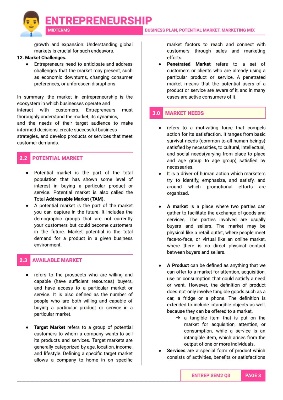 ENTREPRENEURSHIP
MIDTERMS
- SEM 2 Q3 MIDTERMS -
BUSINESS PLAN, POTENTIAL MARKET, MARKETING MIX
1.0 BUSINESS PLAN
• Developing a business pla