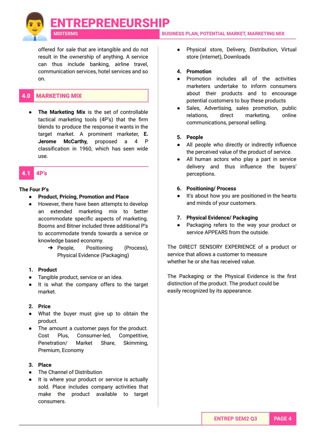 ENTREPRENEURSHIP
MIDTERMS
- SEM 2 Q3 MIDTERMS -
BUSINESS PLAN, POTENTIAL MARKET, MARKETING MIX
1.0 BUSINESS PLAN
• Developing a business pla