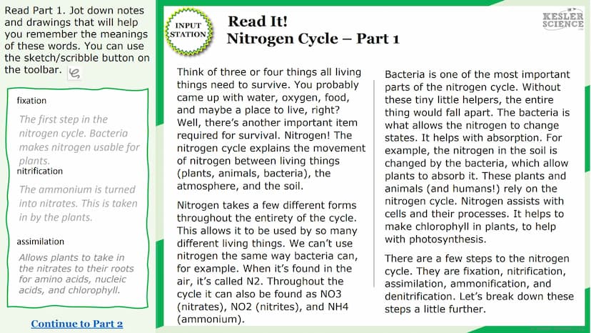 KESLER
SCIENCE
Watch It!
Research It!
Read It!
Explore It!
The Lab Room
Nitrogen
cycle
Challenge It!
Write It!
Organize It!
Assess It!
Illus