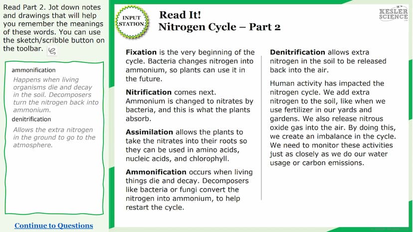KESLER
SCIENCE
Watch It!
Research It!
Read It!
Explore It!
The Lab Room
Nitrogen
cycle
Challenge It!
Write It!
Organize It!
Assess It!
Illus