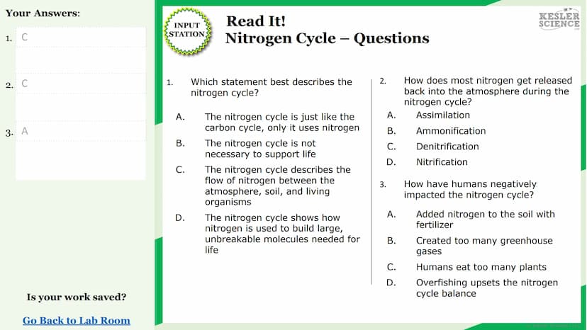 KESLER
SCIENCE
Watch It!
Research It!
Read It!
Explore It!
The Lab Room
Nitrogen
cycle
Challenge It!
Write It!
Organize It!
Assess It!
Illus