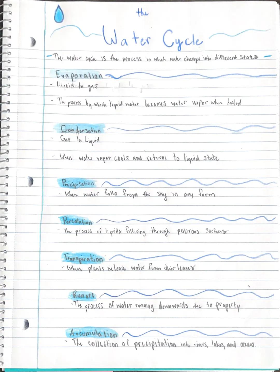 the
# Water Cycle
-The water cycle is the process in which water chanrys into different Stats

### Evaporation
- Liquid to gas
- The process