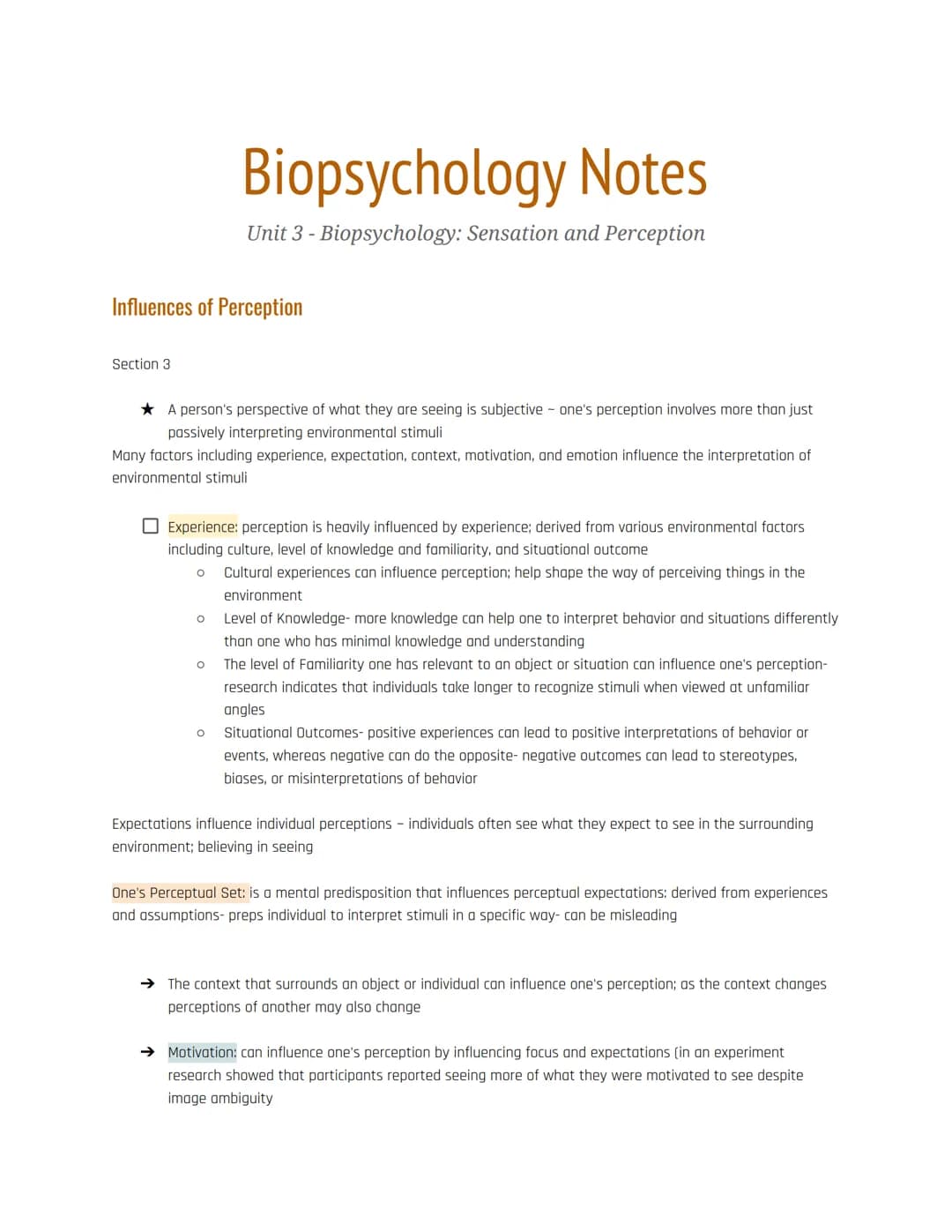 
<p>In the study of Biopsychology, sensation and perception play a crucial role. A person's perception is subjective and goes beyond passive