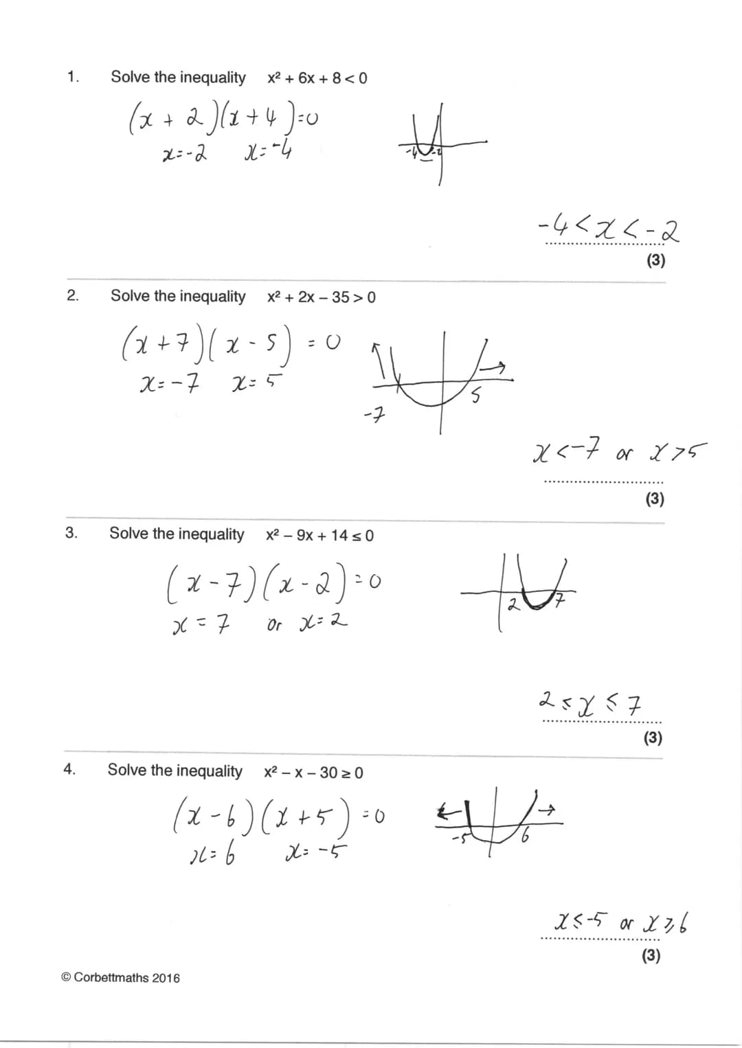Name:
Exam Style Questions
Quadratic Inequalities
Corbettmaths
Ensure you have: Pencil, pen, ruler, protractor, pair of compasses and eraser