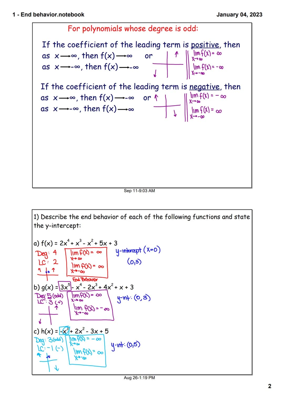 1- End behavior.notebook
For polynomials whose degree is even:
If the coefficient of the leading term is positive, then
"y"
as x→∞, then f(x