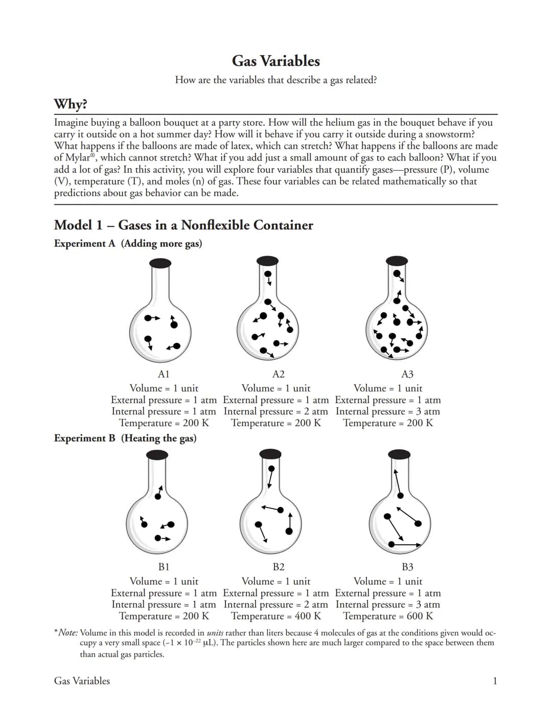 Gas Variables
How are the variables that describe a
gas related?
Why?
Imagine buying a balloon bouquet at a party store. How will the helium