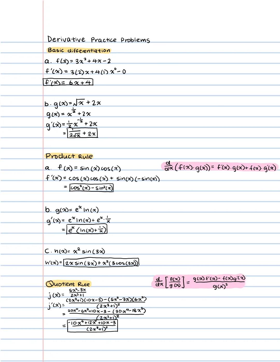 Derivative Examples (Product/Quotient/Chain Rule)