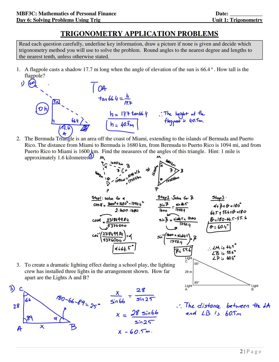 MBF3C: Mathematics of Personal Finance
Day 6: Solving Problems Using Trig
I
Before and during your problem-solving process, consider these q