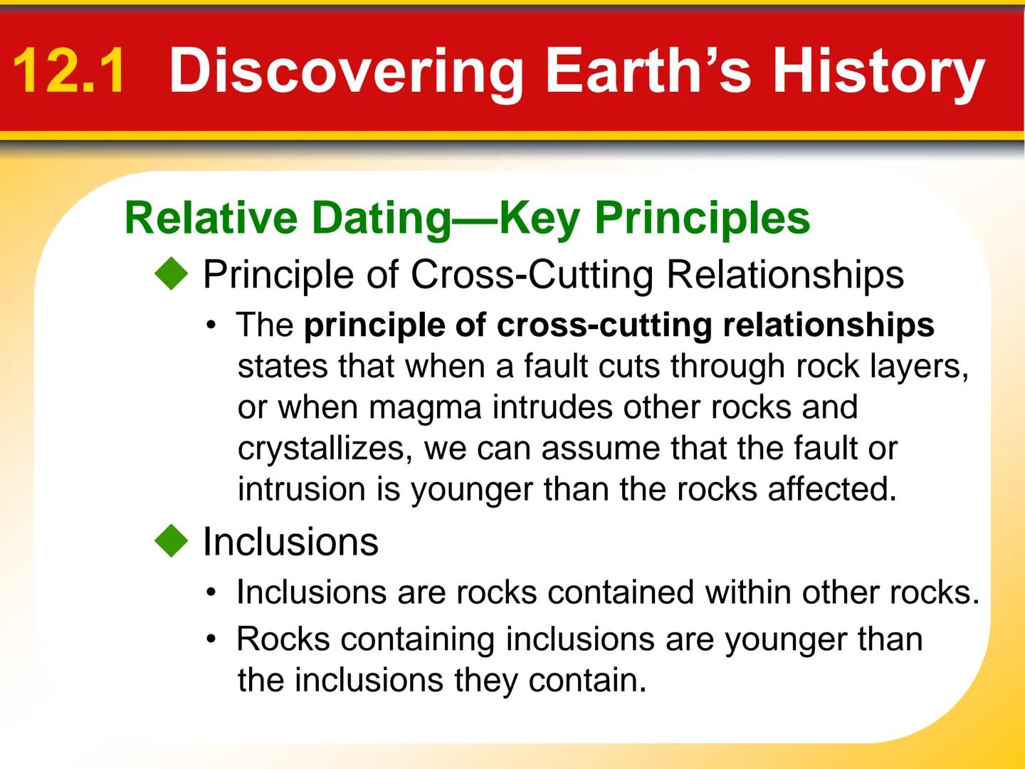 Chapter
12
Geologic Time 12.1 Discovering Earth's History
Rocks Record Earth History
Rocks record geological events and
changing life forms 