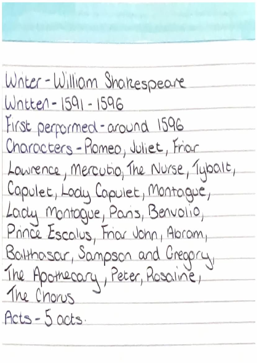 paying
pub
Romeo Writer - William Shakespeare
Written-1591-1596
First performed-around 1596
Characters - Romeo, Juliet, Friar
Lowrence, Merc