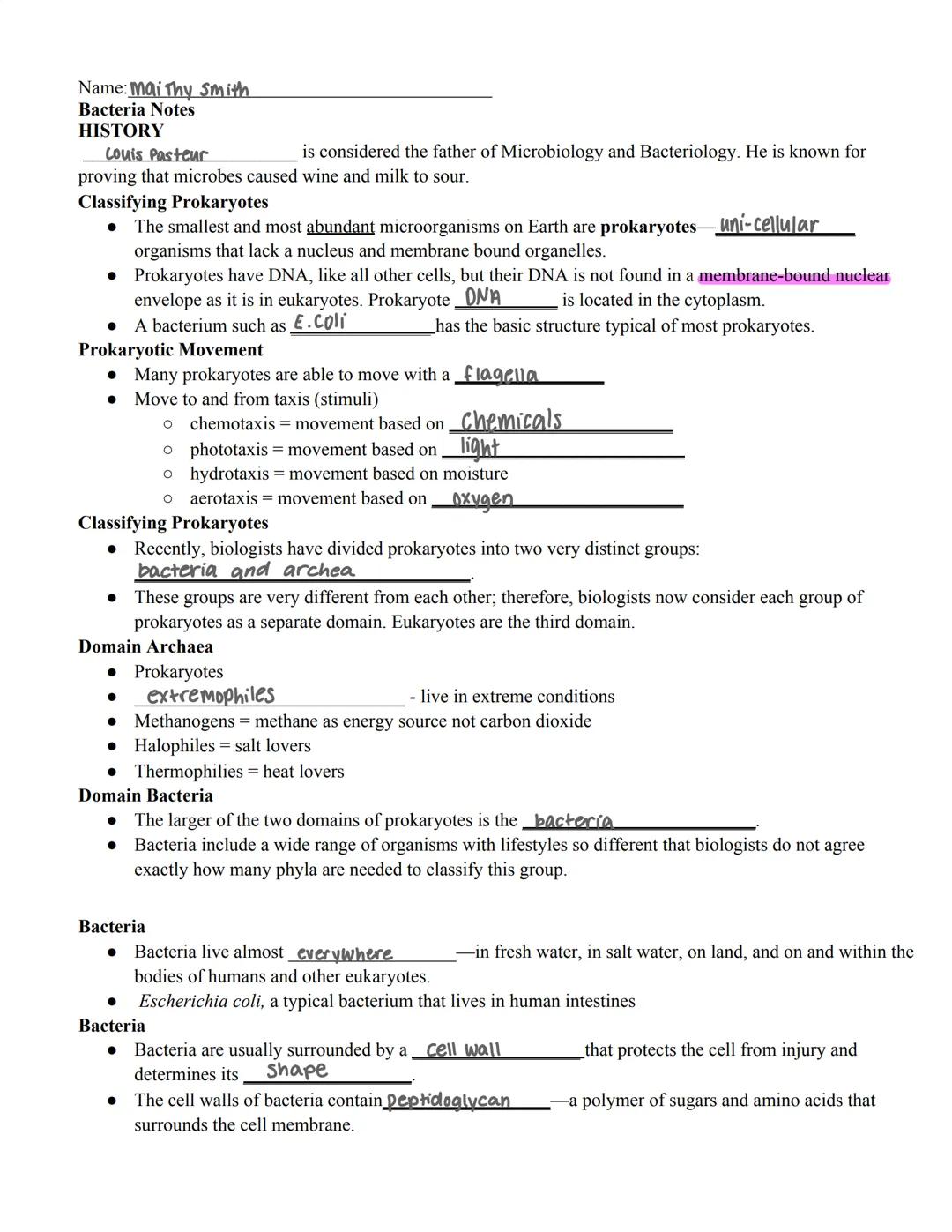Name: Mai Thy Smith
Bacteria Notes
HISTORY
Louis Pasteur
is considered the father of Microbiology and Bacteriology. He is known for
proving 