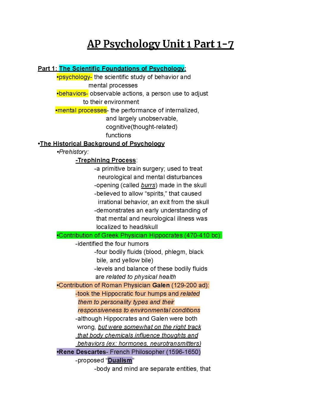 AP Psychology Unit 1: Scientific Foundations and History of Psychology