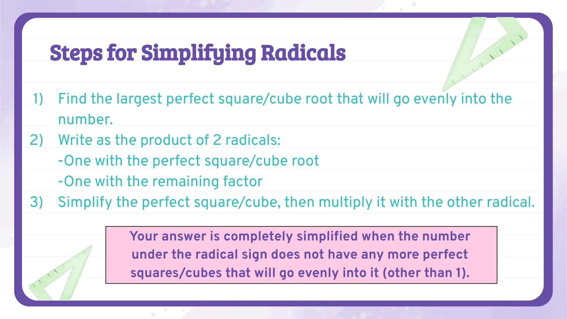 √
об
Simplifying
Radicals
NOTES
Algebra 1
Knowunity
@intellect
3½/2
C
do Perfect Squares
a.a=a²
√a²:
a
= a
q²
3.3 = 3²
3
√9+√3² =3
9
9
3
zo 