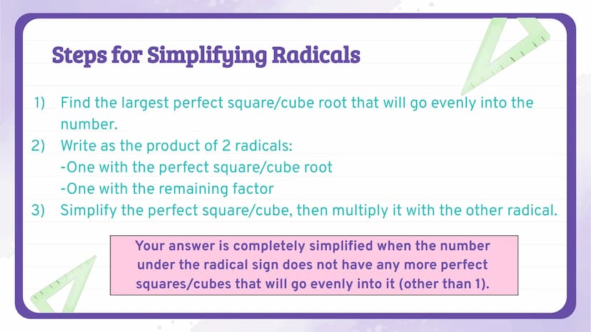 √
об
Simplifying
Radicals
NOTES
Algebra 1
Knowunity
@intellect
3½/2
C
do Perfect Squares
a.a=a²
√a²:
a
= a
q²
3.3 = 3²
3
√9+√3² =3
9
9
3
zo 