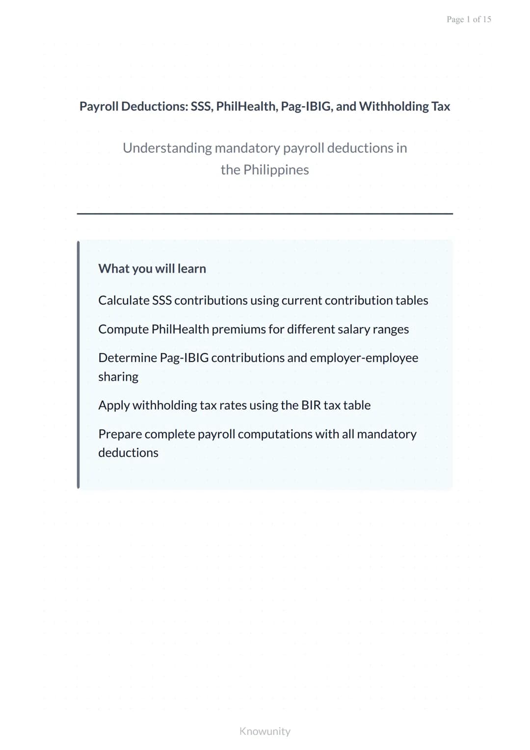 # Payroll Deductions: SSS, PhilHealth, Pag-IBIG, and Withholding Tax

Understanding mandatory payroll deductions in
the Philippines

What yo