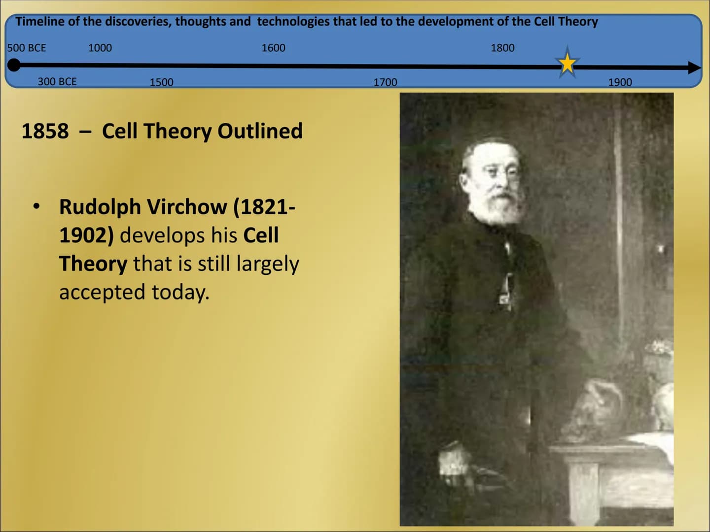 The Cell Theory Timeline of the discoveries, thoughts and technologies that led to the development of the Cell Theory
500 BCE
1800
300 BCE
1