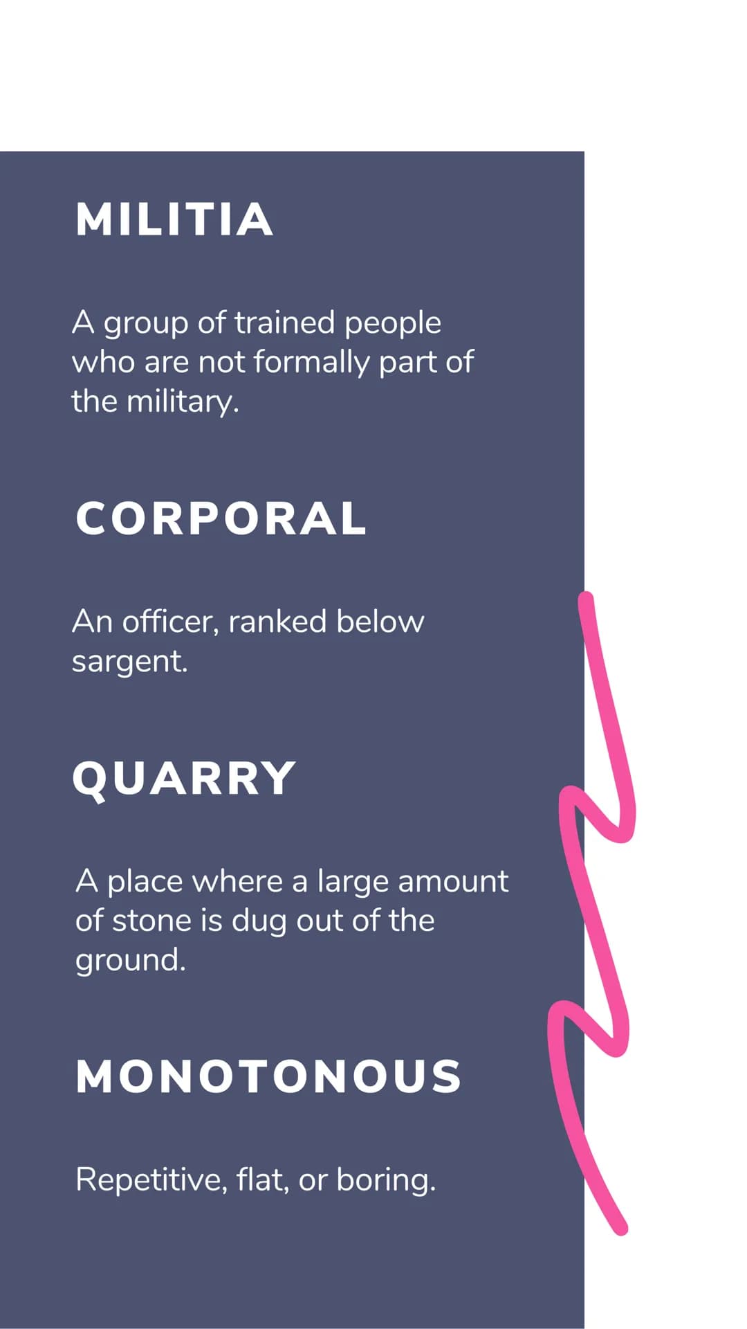 8TH GRADE
VOCAB TYRANNICAL
Using one's power over others
in a way that is unfair or cruel.
MERCENARY
A soldier who is paid to fight
for a co