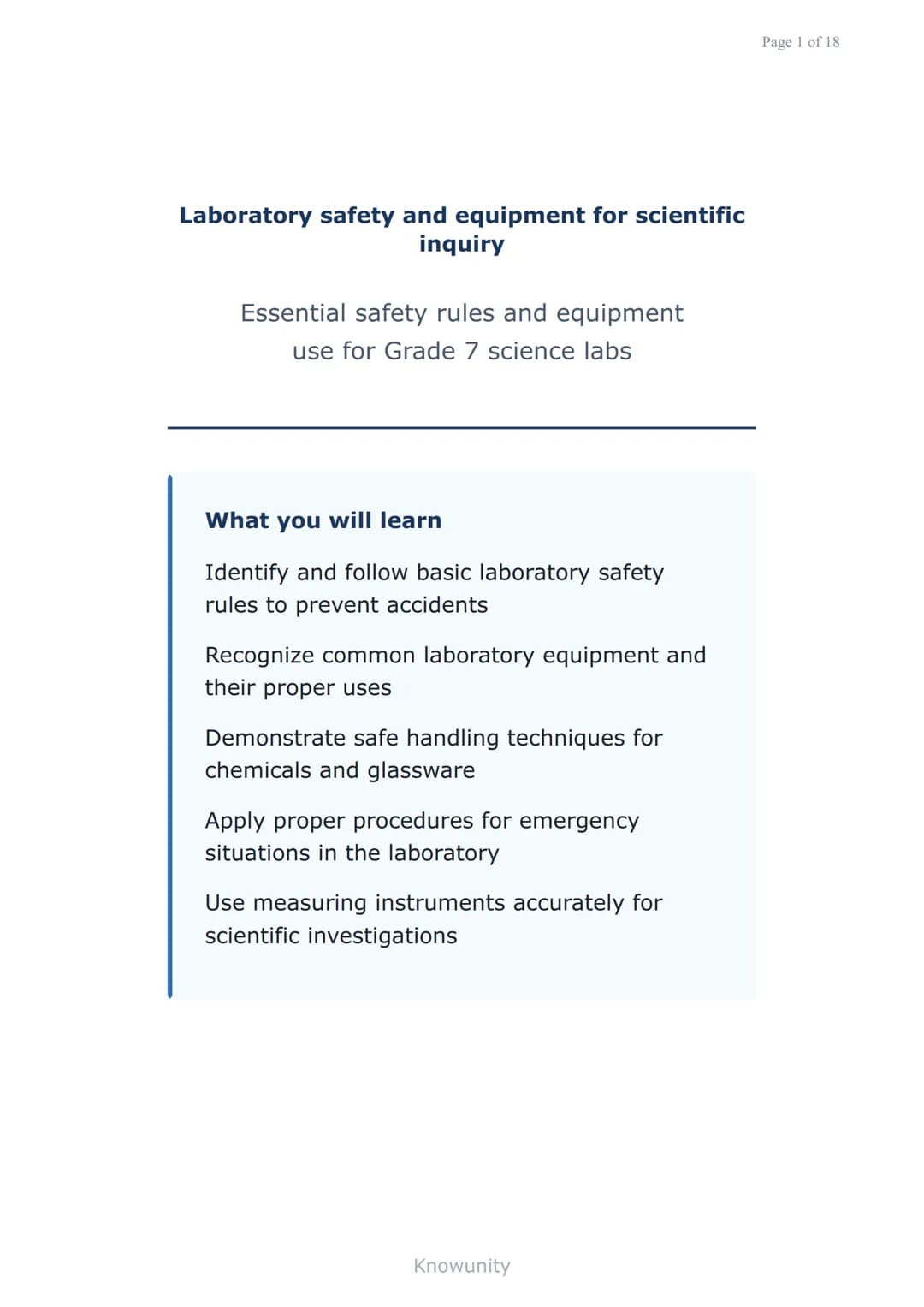 Laboratory safety and equipment for scientific
inquiry
Essential safety rules and equipment
use for Grade 7 science labs
What you will learn