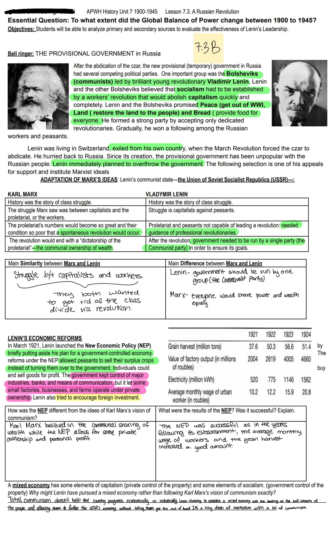Lesson 7.3. A Russian Revolution
APWH History Unit 7 1900-1945
Essential Question: To what extent did the Global Balance of Power change bet