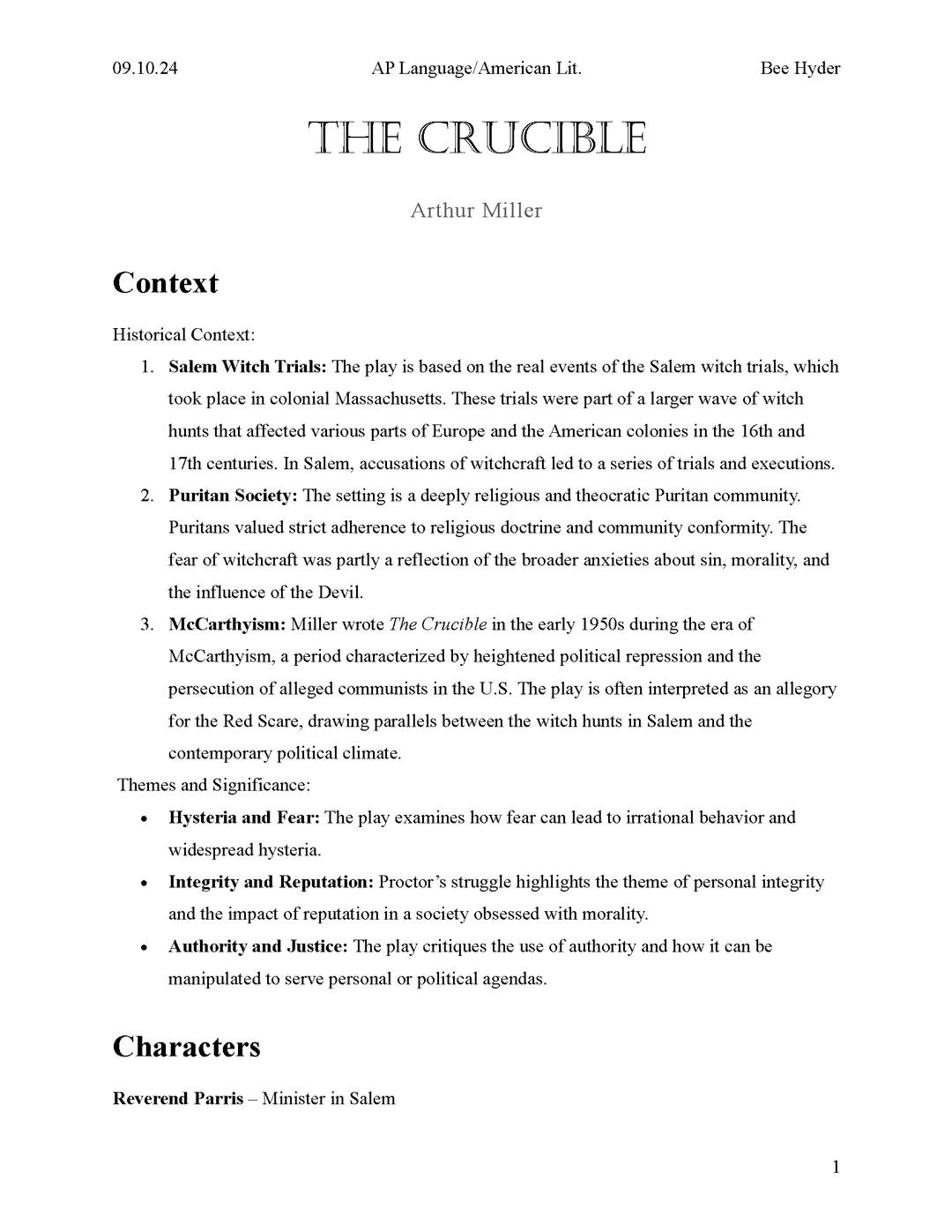 The Crucible - Study Guide