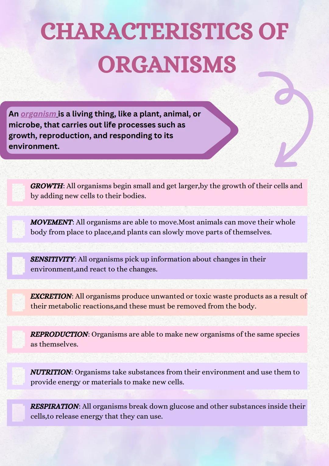 CHARACTERISTICS OF
ORGANISMS
An organism is a living thing, like a plant, animal, or
microbe, that carries out life processes such as
growth