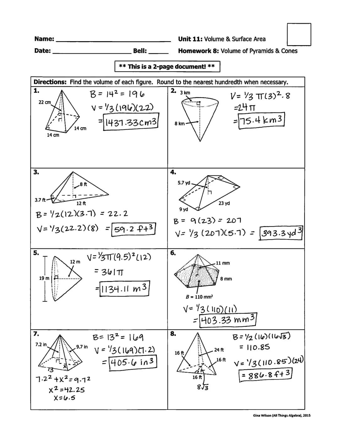 Unit 11 Volume and Surface Area Homework 8 Answers for Pyramids and