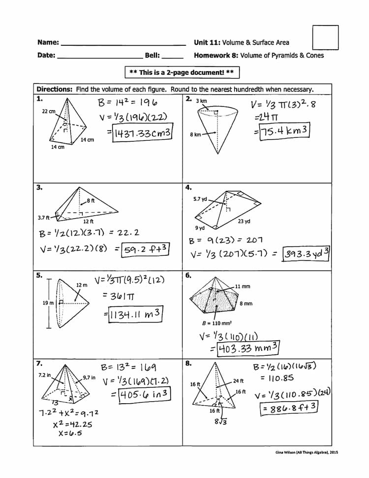 Unit 11 Volume and Surface Area: Homework 8 Answers for Pyramids 