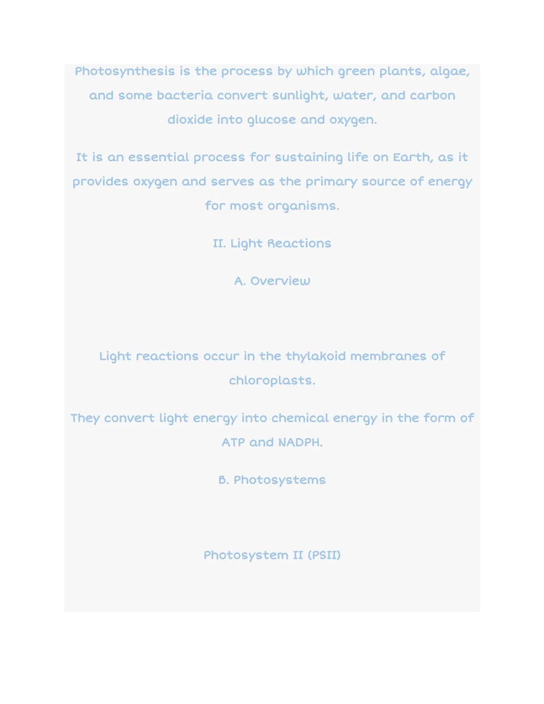AP Biology 3.5
Photosynthesis:
PROCESS OF PHOTOSYNTHESIS
Light
anumi
H₂O
ATP
NADPH
NADP+
ADP
Sugar
Calvin
cycle
CO₂
Chloroplast
I. Introduct