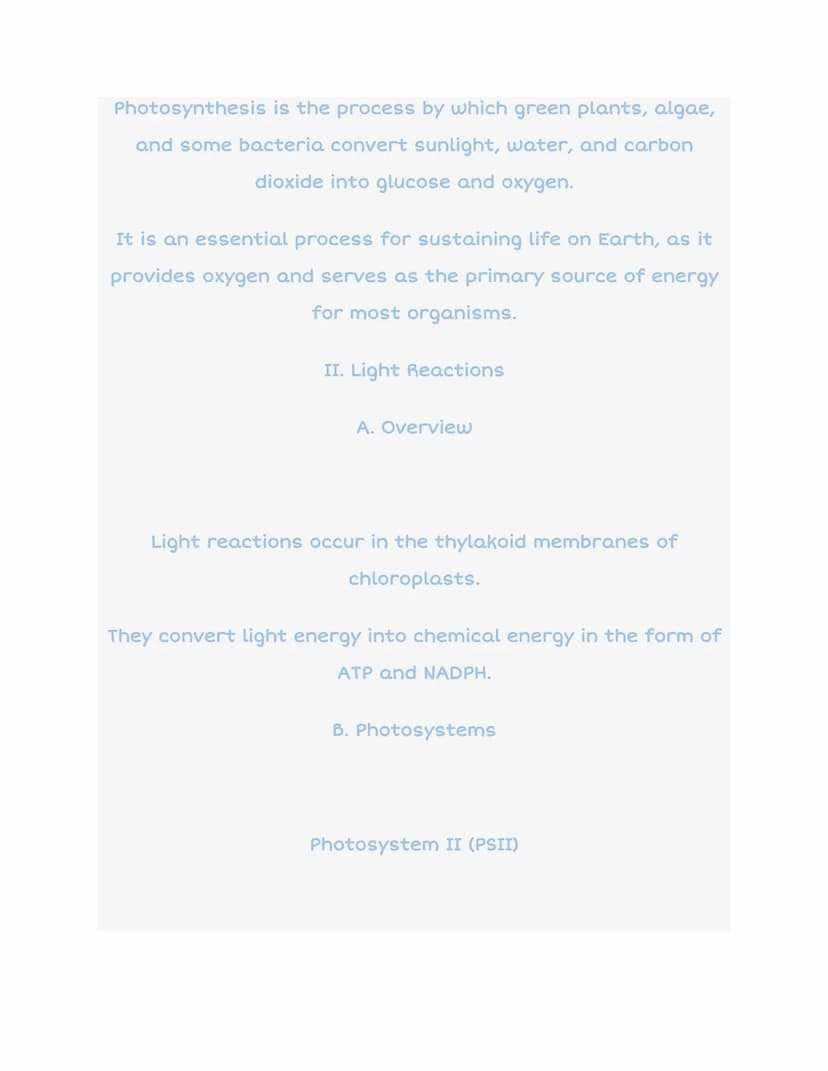 AP Biology 3.5
Photosynthesis:
PROCESS OF PHOTOSYNTHESIS
Light
anumi
H₂O
ATP
NADPH
NADP+
ADP
Sugar
Calvin
cycle
CO₂
Chloroplast
I. Introduct