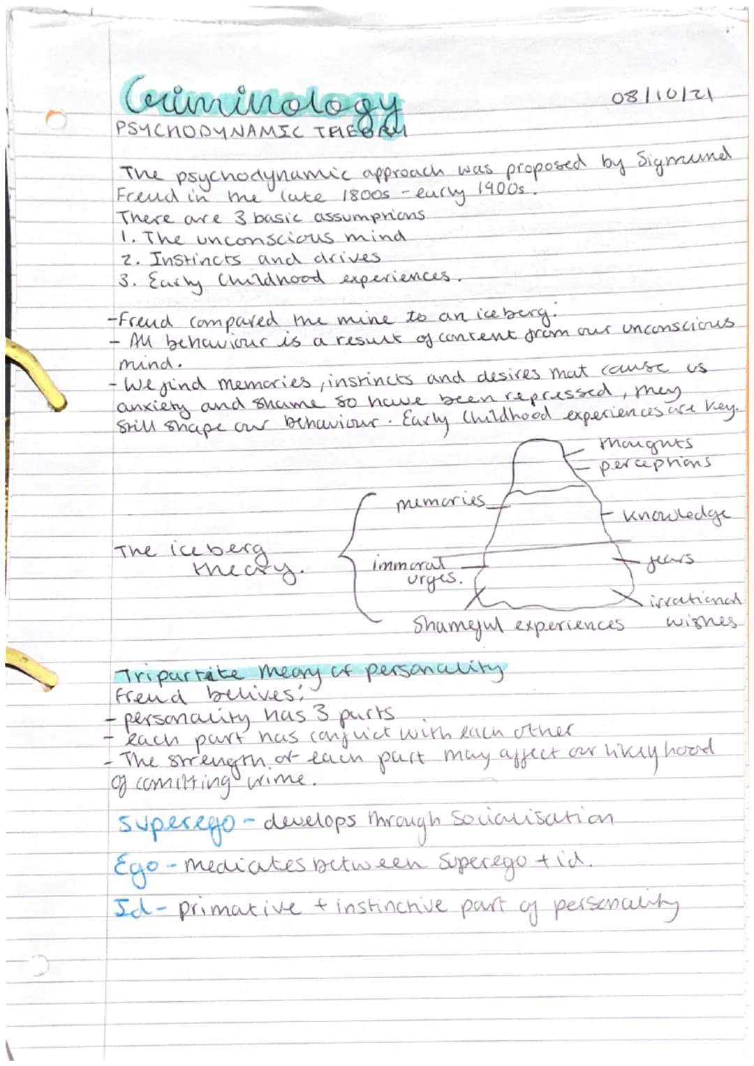 3
Criminology
The psychodynamic approach was proposed by Sigmund
1900s.
Freud in me
lute 1800s - early
There are 3 basic assumprions
1. The 