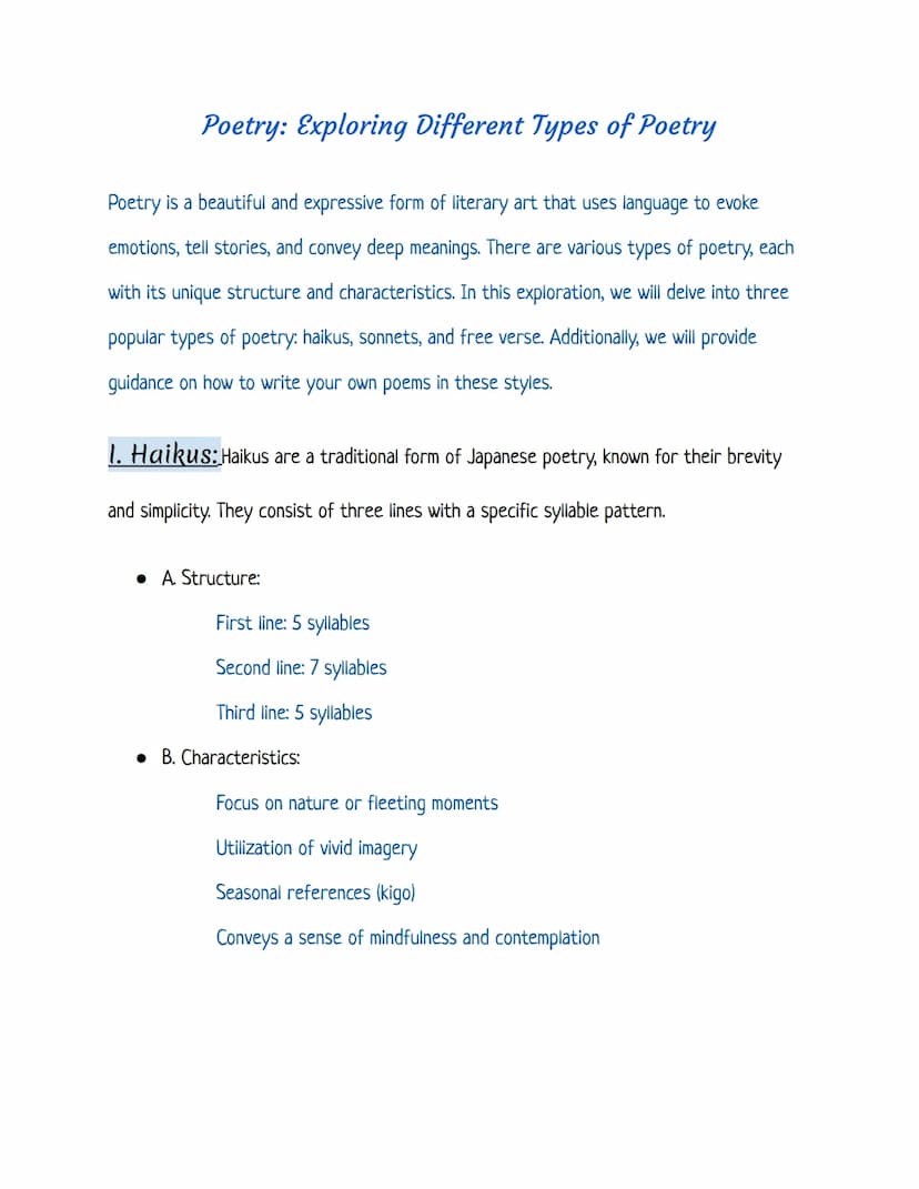 Poetry: Exploring Different Types of Poetry
Poetry is a beautiful and expressive form of literary art that uses language to evoke
emotions, 