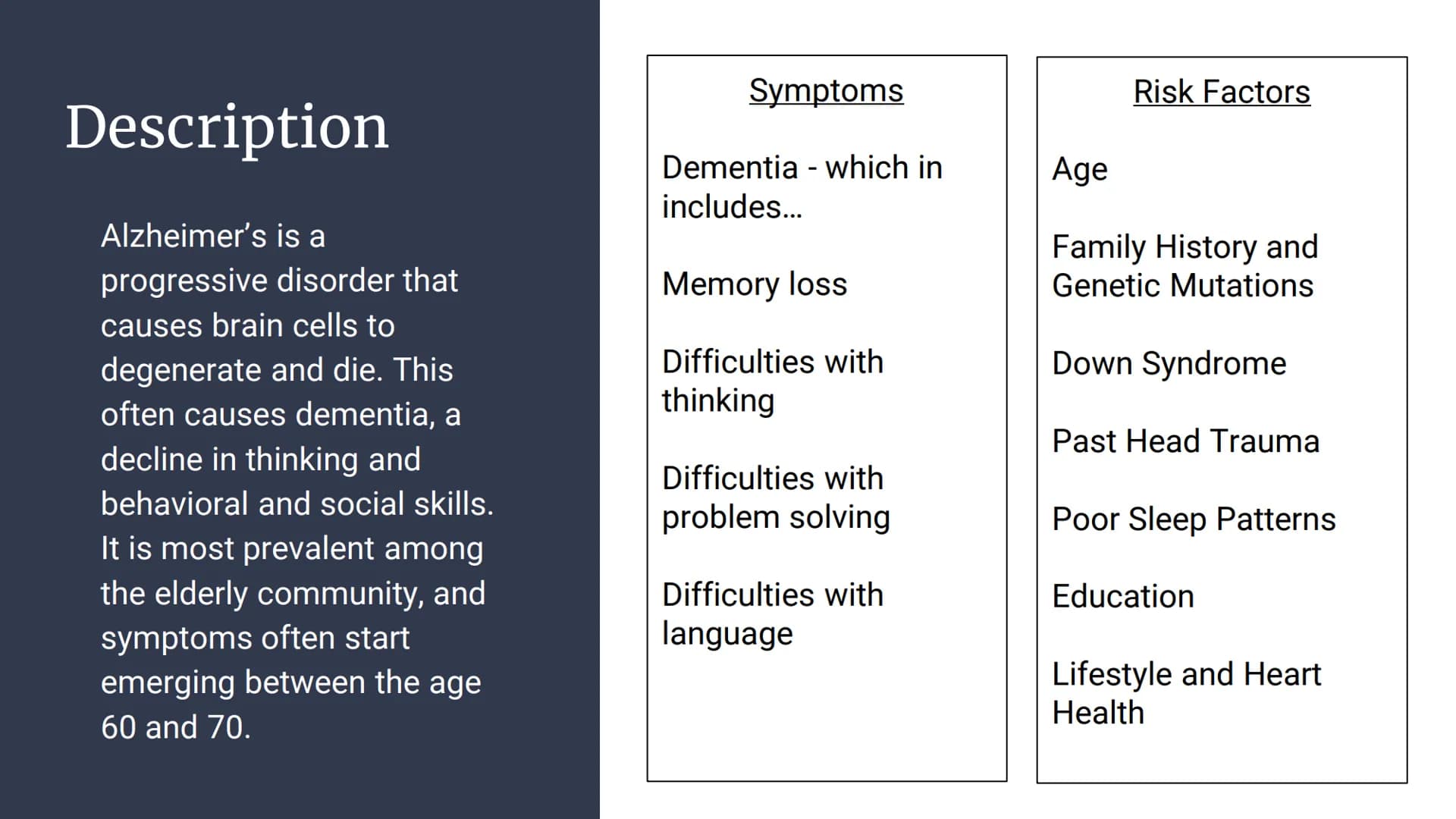 Alzheimer's Disease
Jilly Description
Alzheimer's is a
progressive disorder that
causes brain cells to
degenerate and die. This
often causes