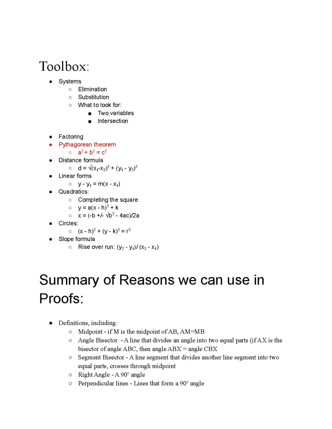 Geometry Postulates and Theorems
