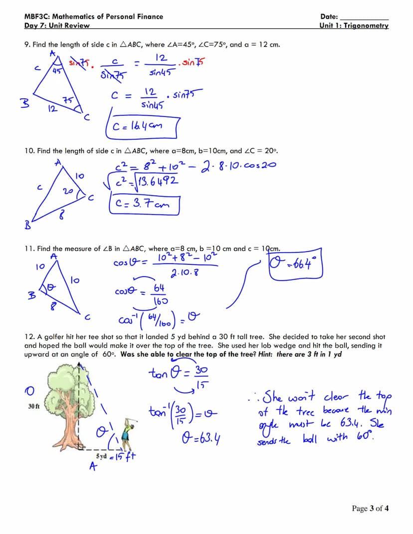 MBF3C: Mathematics of Personal Finance
Day 7: Unit Review
1. Find the value of side x, rounded to the nearest tenth
2
2
15²
07 cm
15
9 m
/13