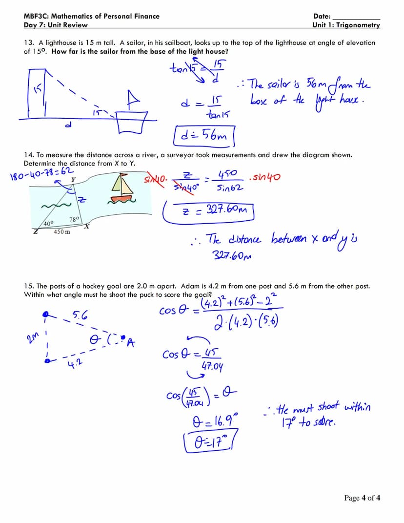 MBF3C: Mathematics of Personal Finance
Day 7: Unit Review
1. Find the value of side x, rounded to the nearest tenth
2
2
15²
07 cm
15
9 m
/13