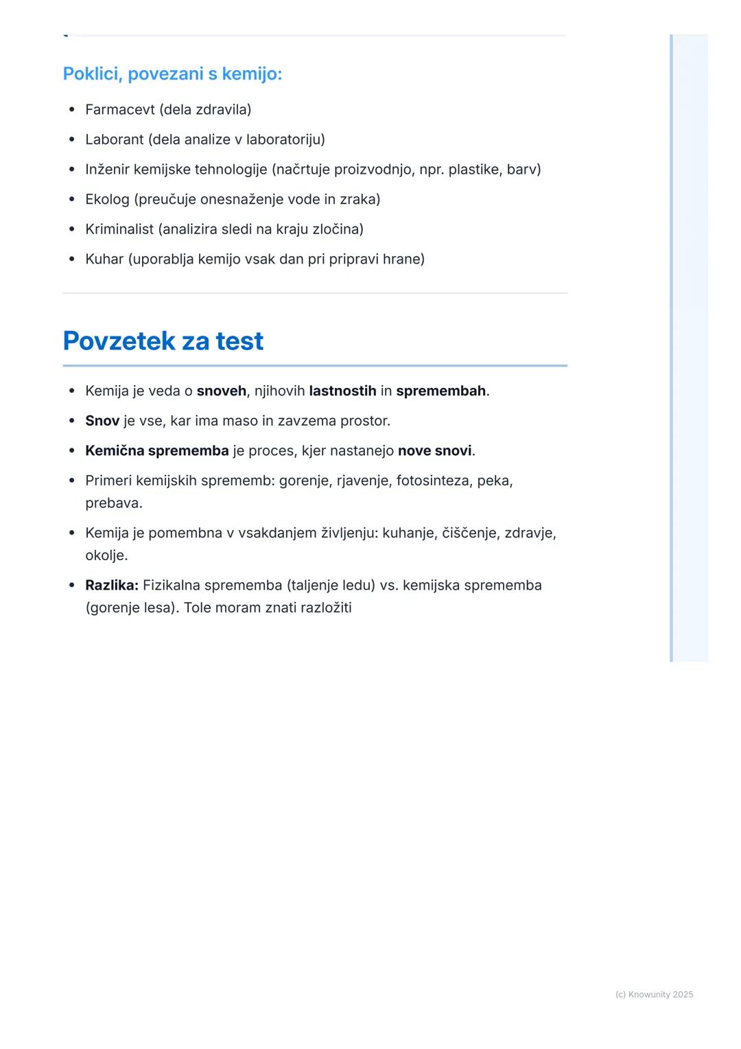 # Kaj je kemija?

## Kaj sploh je kemija?

Kemija je naravoslovna veda, ki preučuje snovi. Zanima jo, iz česa so snovi
zgrajene, kakšne last