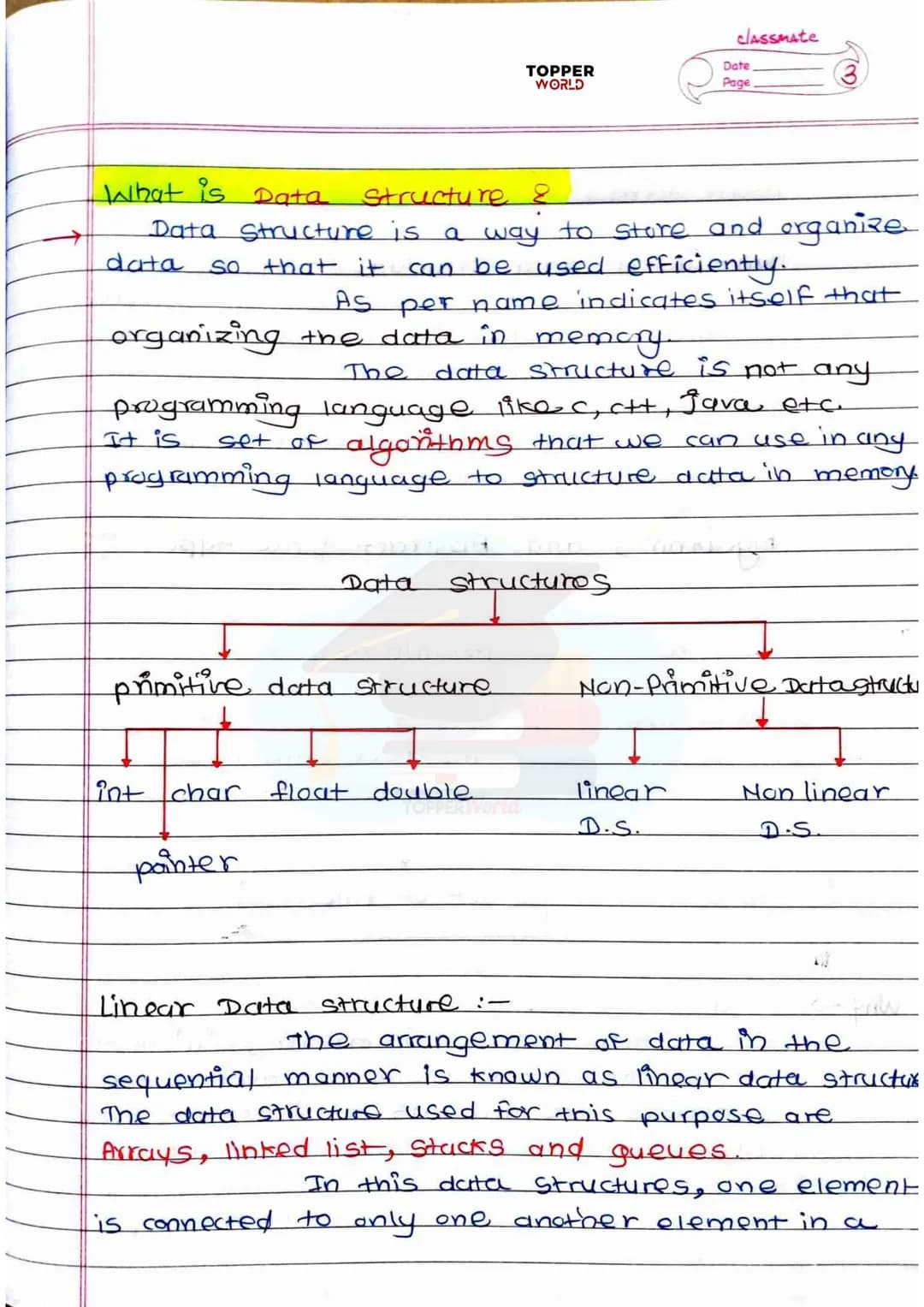 £
DSA
HANDWRITTEN
NOTES
Prepared By:
TOPPERWORLD
LEARN & GROW
TOPPER
WORLD Sr. No.
2).
3).
os.
7).
g
10).
11.
12)
137.
INDEX
Title of Topic

