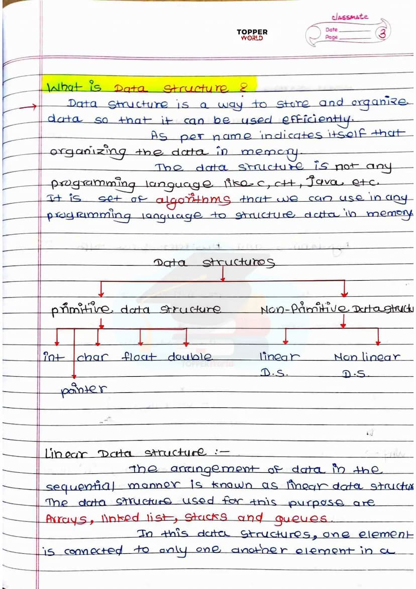 £
DSA
HANDWRITTEN
NOTES
Prepared By:
TOPPERWORLD
LEARN & GROW
TOPPER
WORLD Sr. No.
2).
3).
os.
7).
g
10).
11.
12)
137.
INDEX
Title of Topic
