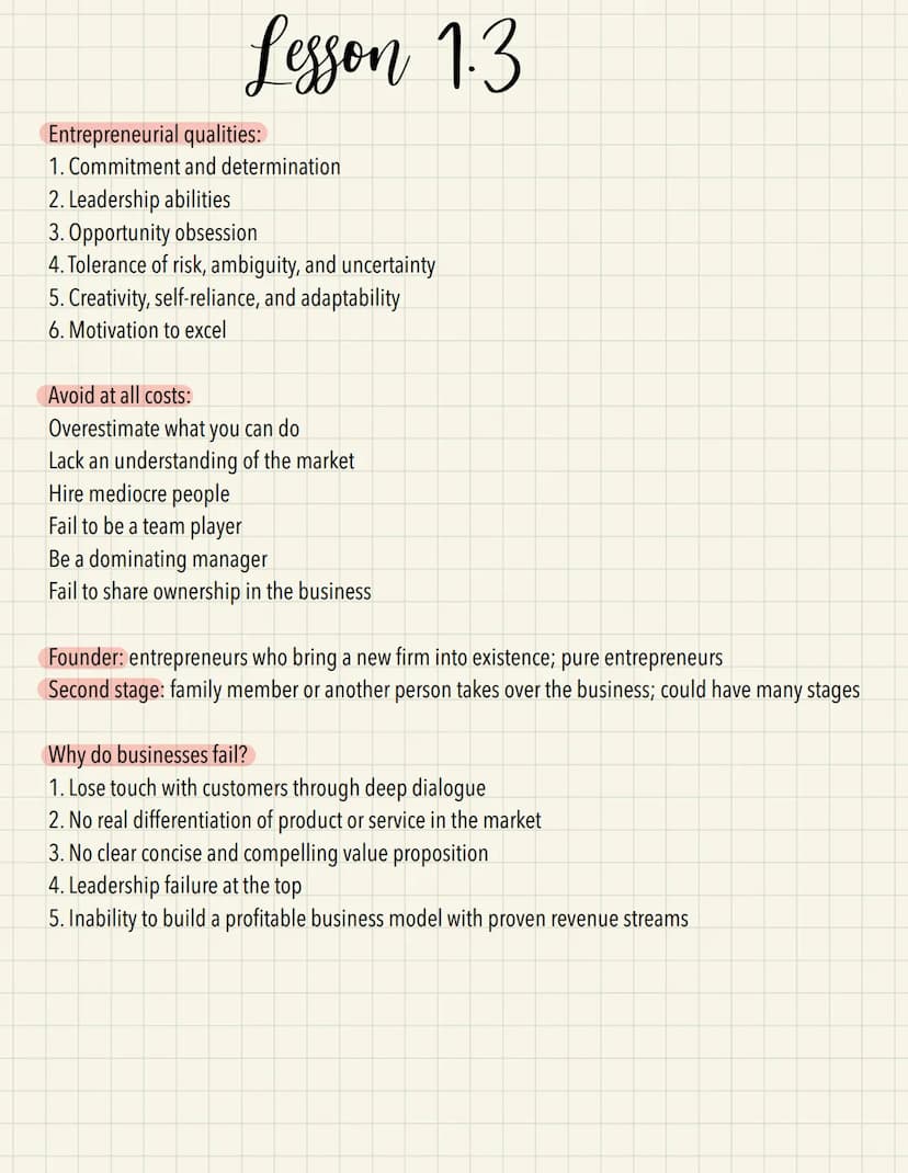 Lesson 1.1
Entrepreneurship: philosophy based on individual initiative; more than just getting a job
Achieves self-fulfillment, gains respec