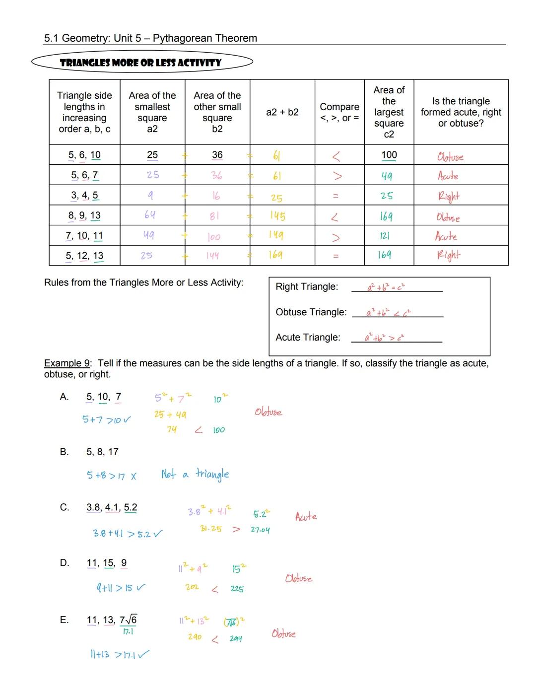 5.1 Geometry: Unit 5 Pythagorean Theorem
Student Notes - Pythagorean Theorem and Converse of Pythagorean Theorem
A
B
The Pythagorean Theorem