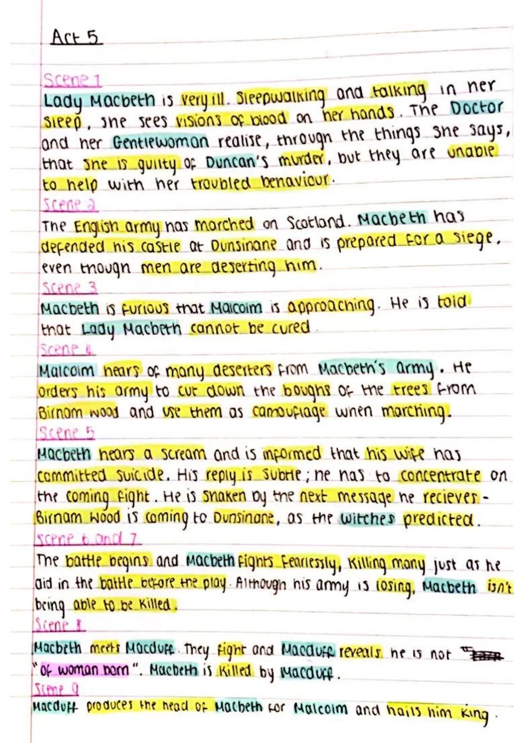 Act 5
Scene 1
Lady Macbeth is very ill. Sleepwalking and talking in her
sleep, she sees visions of blood on her hands. The Doctor
and her Ge