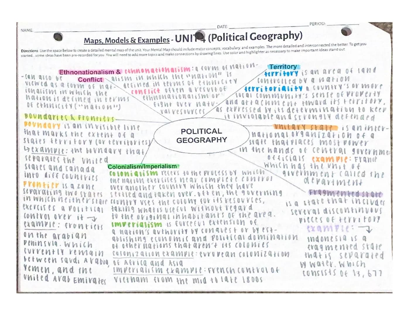 Maps, Models & Examples - UN 1 (Basic Geography)
Directions Use the space below to create a detailed mental map of Unit 1. Your Mental Map s