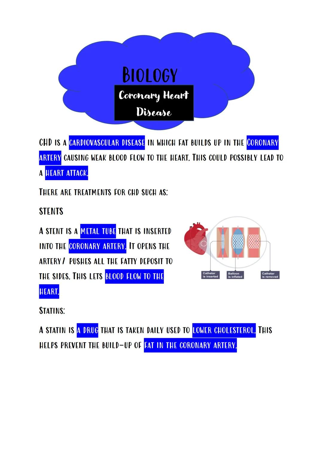 BIOLOGY
Coronary Heart
Disease
CHD IS A CARDIOVASCULAR DISEASE IN WHICH FAT BUILDS UP IN THE CORONARY
ARTERY CAUSING WEAK BLOOD FLOW TO THE 