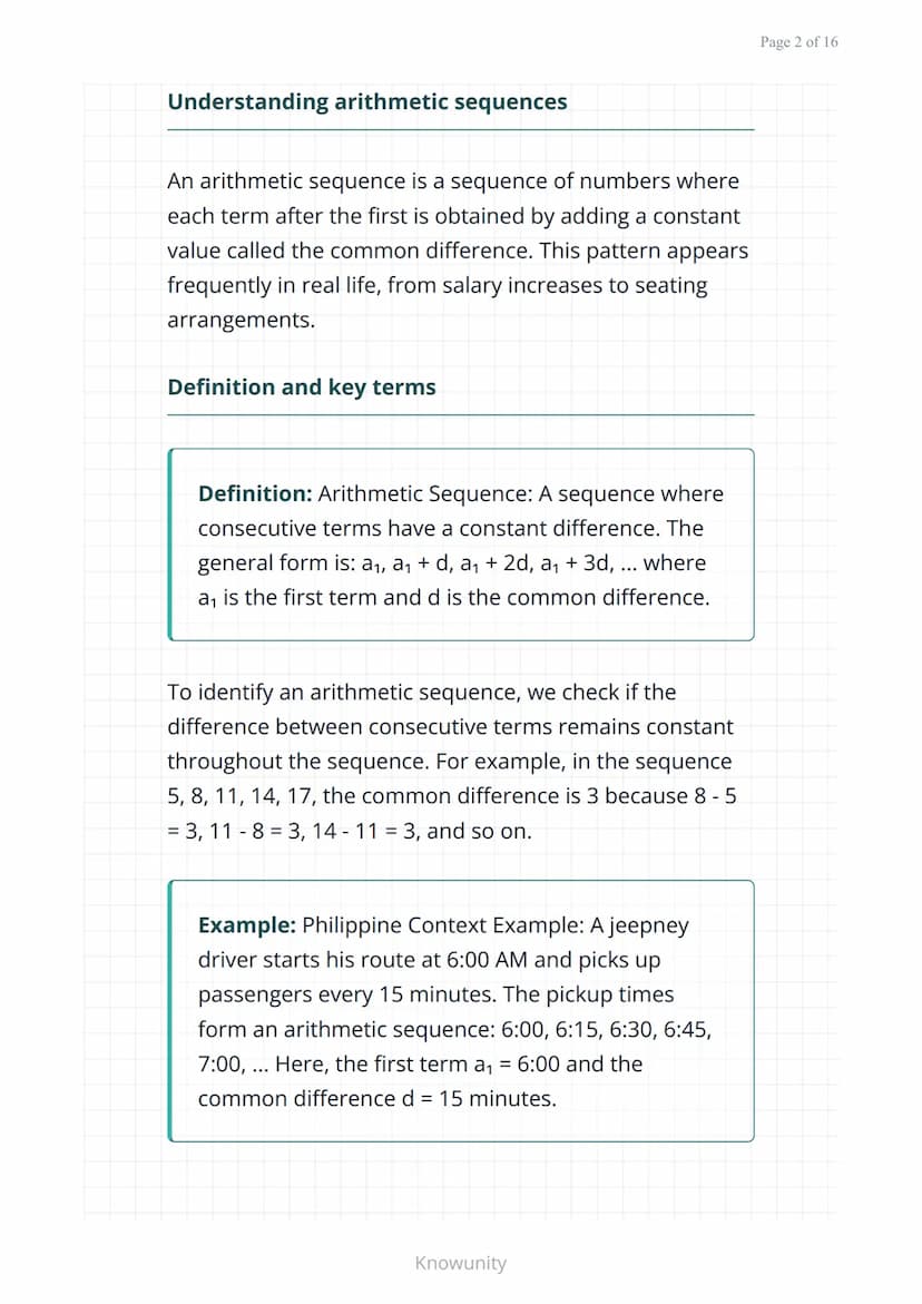 Arithmetic sequences and series: Patterns and
formulas
Understanding arithmetic sequences,
series, and their real-world applications
What yo