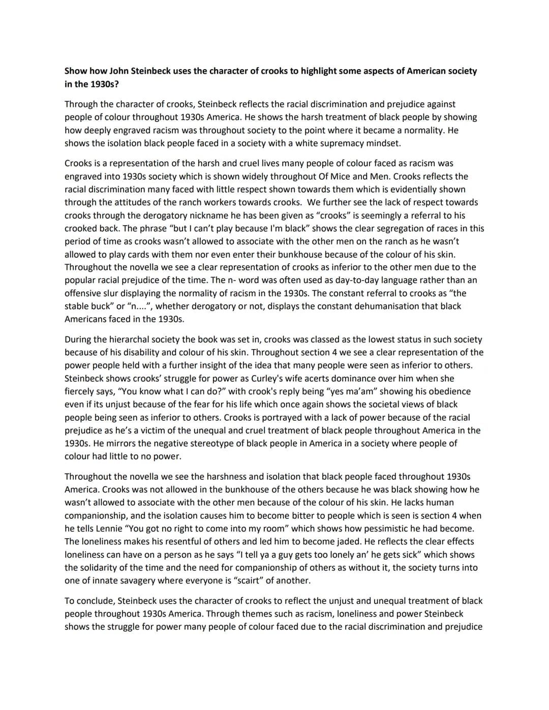 Show how John Steinbeck uses the character of crooks to highlight some aspects of American society
in the 1930s?
Through the character of cr