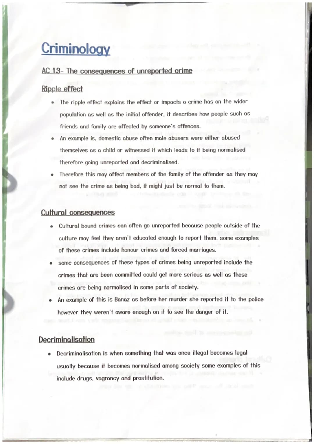 Criminology
AC 13- The consequences of unreported crime
Ripple effect
The ripple effect explains the effect or impacts a crime has on the wi