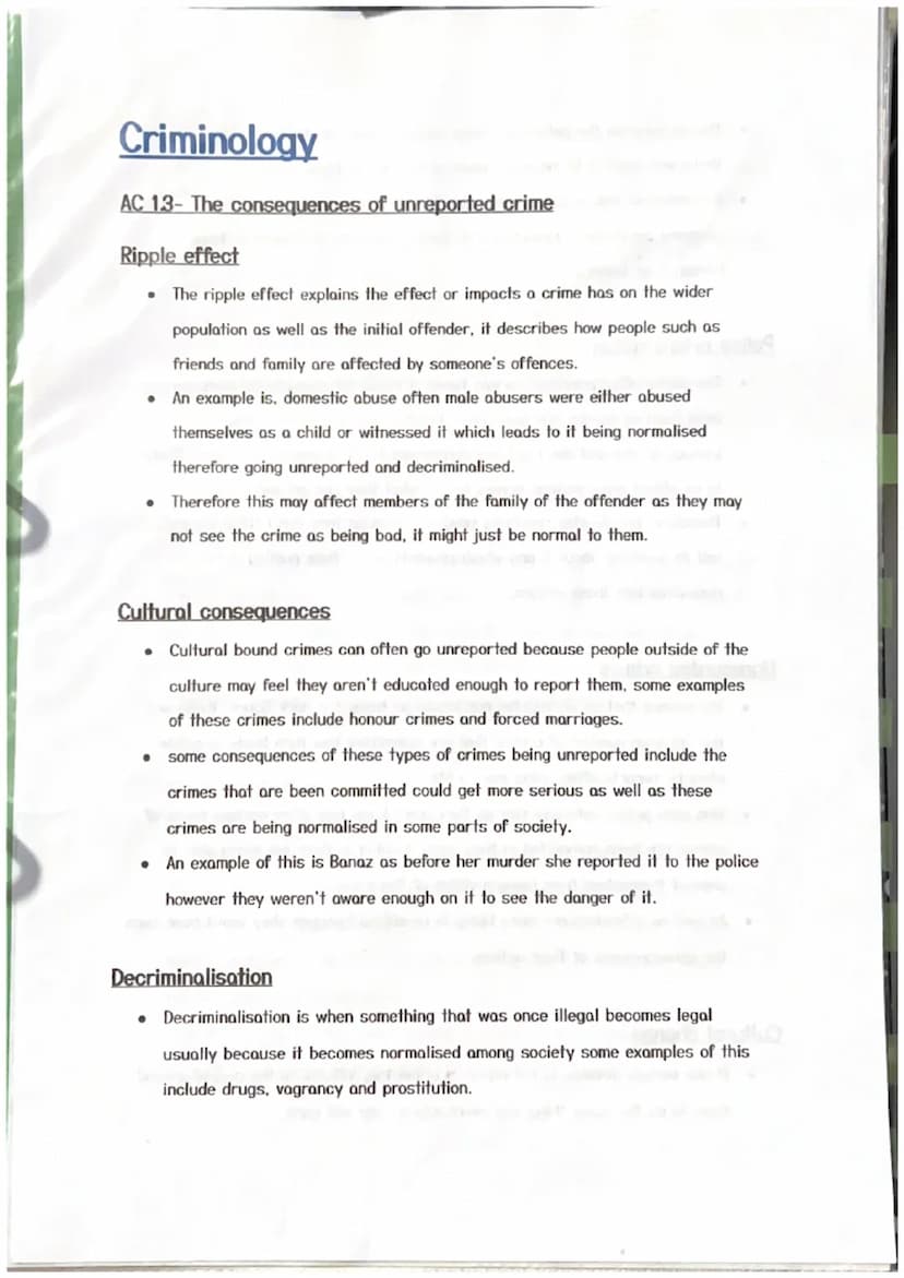 Criminology
AC 13- The consequences of unreported crime
Ripple effect
The ripple effect explains the effect or impacts a crime has on the wi