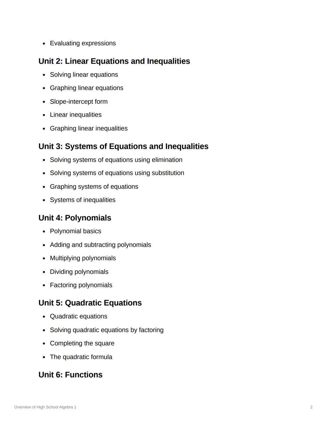 X
Overview of High School Algebra
1
Algebra 1 is a foundational math course that introduces
students to the basic concepts of algebra. These