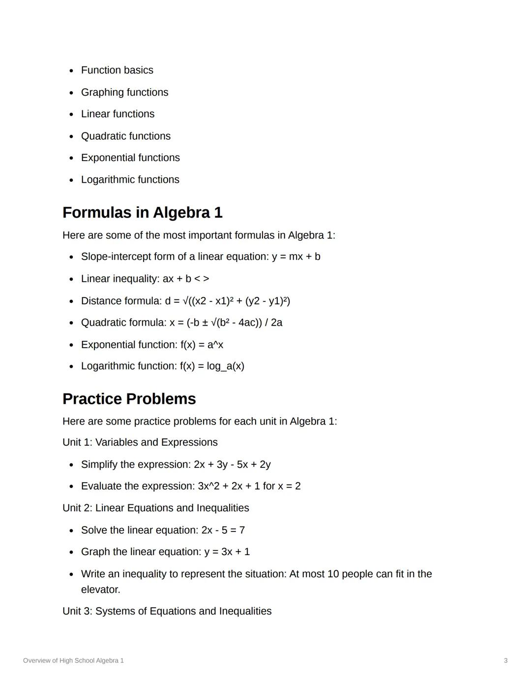 X
Overview of High School Algebra
1
Algebra 1 is a foundational math course that introduces
students to the basic concepts of algebra. These