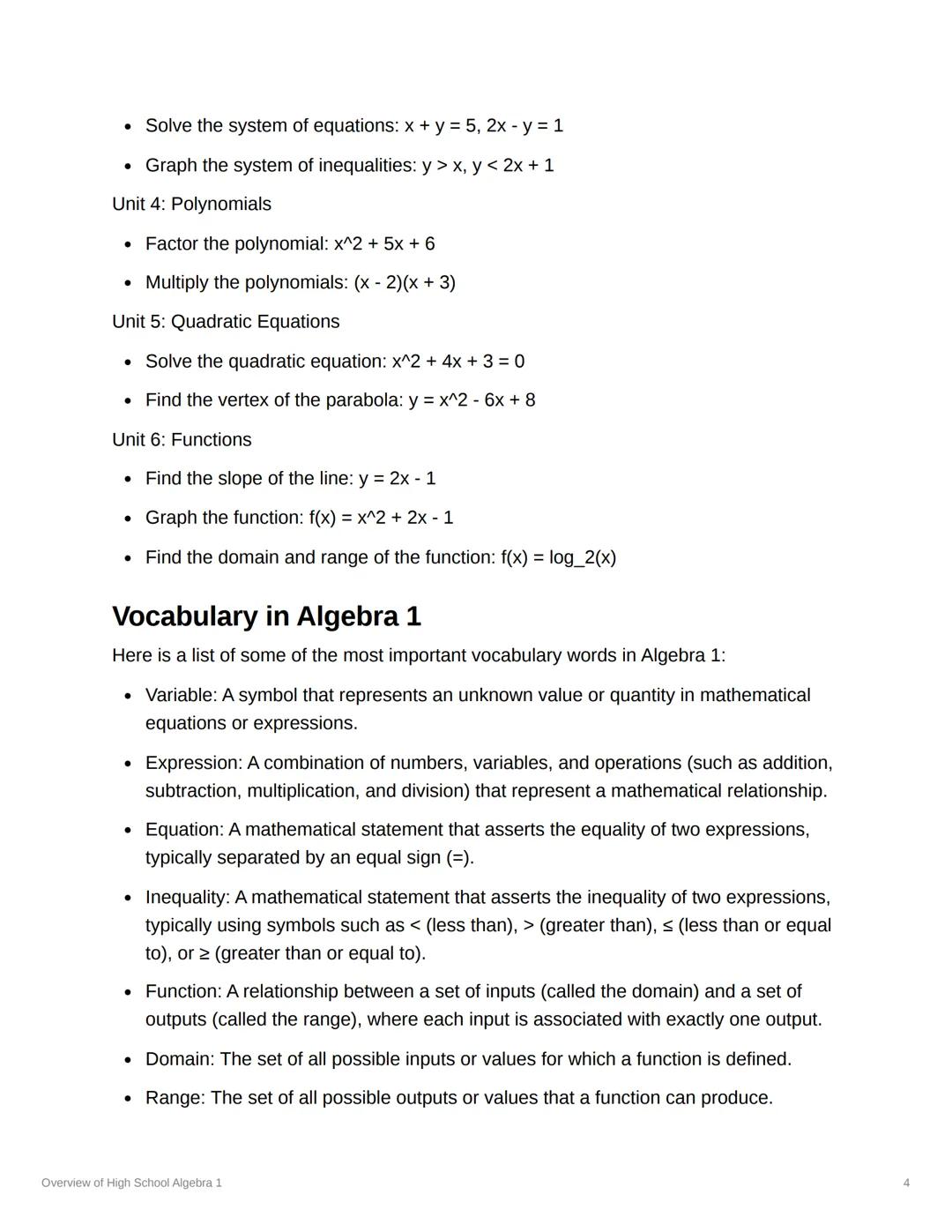 X
Overview of High School Algebra
1
Algebra 1 is a foundational math course that introduces
students to the basic concepts of algebra. These